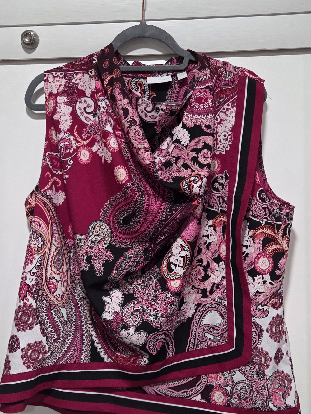 New York & Company Sleeveless Paisley Cowl Neck Top - Pink/Black